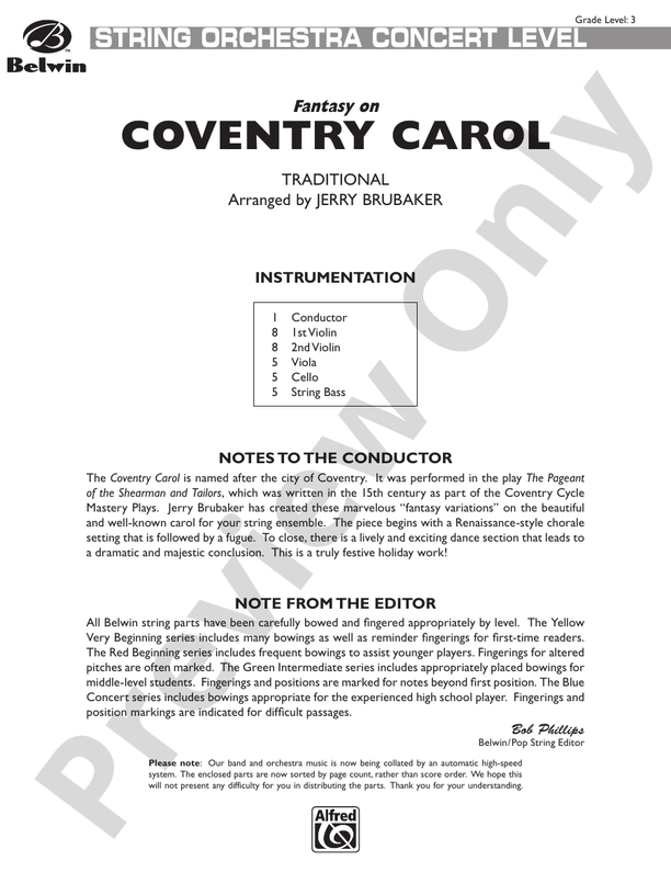 Coventry Carol, Fantasy on – String Orchestra Conductor Score & Parts (Digital Download)