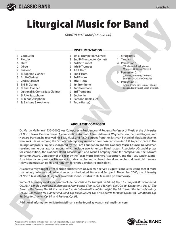 Liturgical Music for Band, Op. 33 - Concert Band Conductor Score & Parts (Digital Download)
