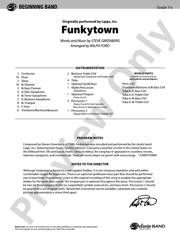 Funkytown - Concert Band Conductor Score & Parts (Digital Download)