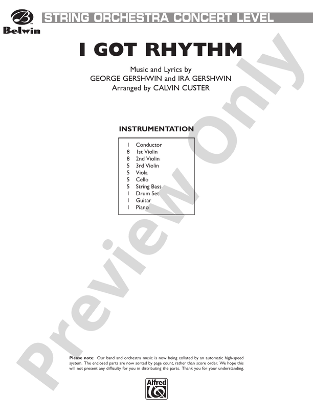 I Got Rhythm (Arr. Calvin Custer) - String Orchestra Conductor Score & Parts (Digital Download)