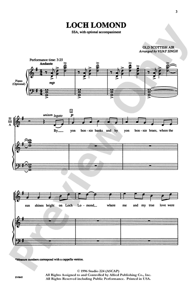 Loch Lomond – SSA, a cappella Choral Octavo (Digital Download)