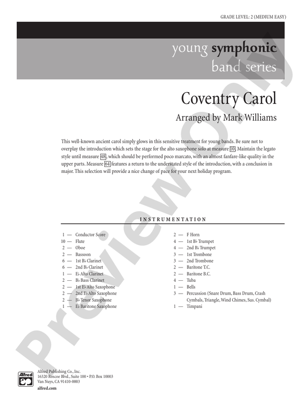 Coventry Carol (Grade 2) - Concert Band Conductor Score & Parts (Digital Download)