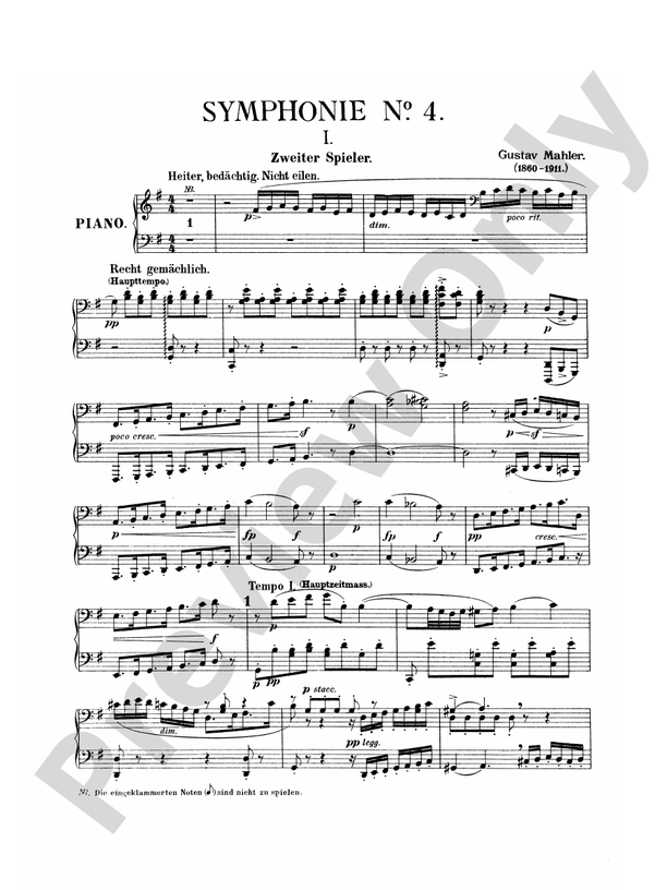 Mahler - Symphony No. 4, in G Major - 1 Piano, 4 Hands (Digital Download)