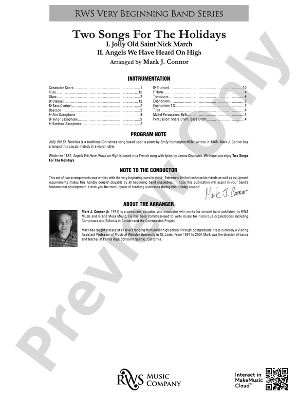 Two Songs for the Holidays - Jolly Old Saint Nick March & Angels We Have Heard On High - Concert Band Conductor Score & Parts (Digital Download)