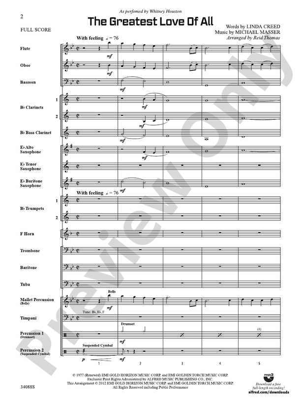 The Greatest Love of All - Concert Band Conductor Score & Parts (Digital Download)