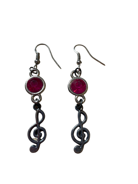 Drop Earrings a Treble Clef with a Hot Pink Stone