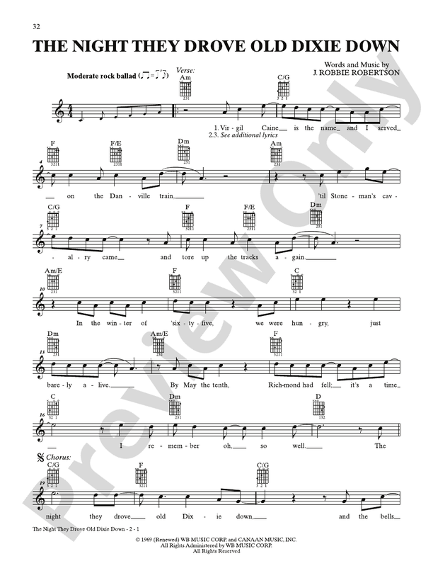 The Night They Drove Old Dixie Down - Interm./Easy Guitar TAB (Digital Download)