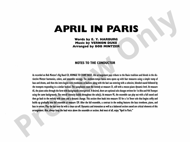 April in Paris (Grade 4.5) - Jazz Ensemble Conductor Score & Parts(Digital Download)
