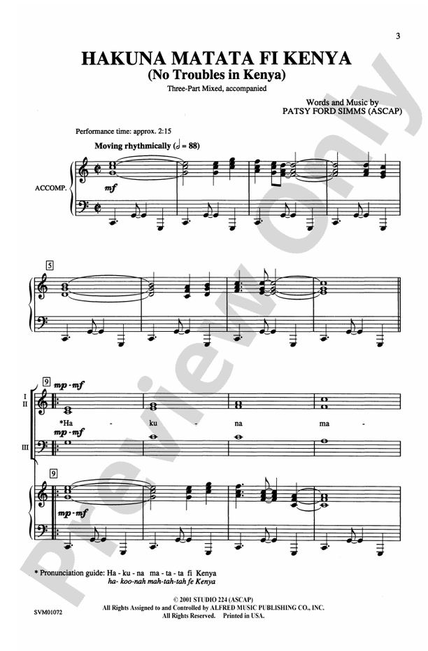 Hakuna Matata Fi Kenya (No Troubles in Kenya) – 3-Part Mixed Choral Octavo (Digital Download)