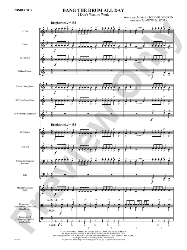 Bang the Drum All Day (I Don't Want to Work) - Concert Band Conductor Score & Parts (Digital Download)