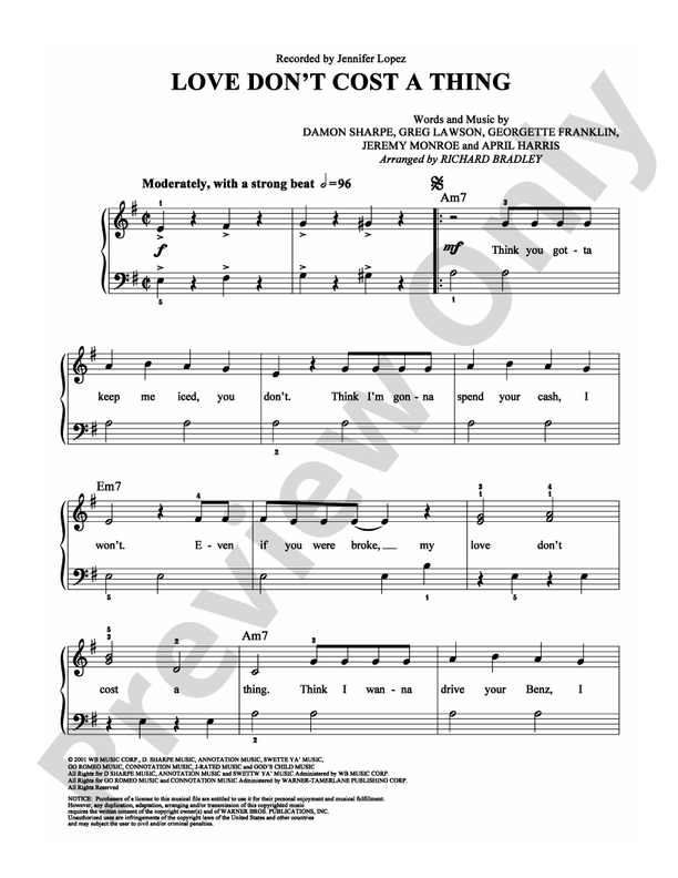 Love Don't Cost a Thing - Arr. Richard Bradley (DSM-PS-0005081) - Easy Piano (Digital Download)
