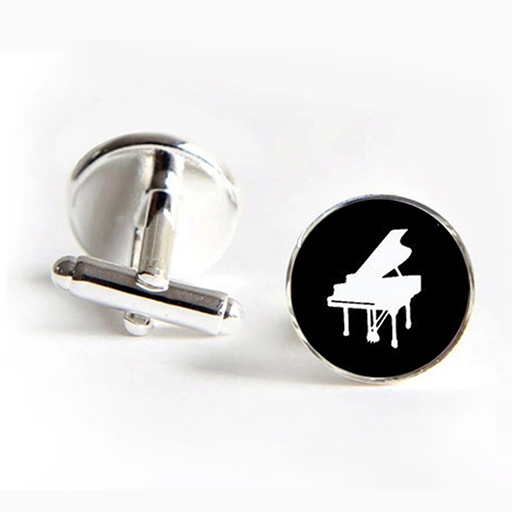 Grand Piano Cufflinks Clear Dome with Black Background and White Piano