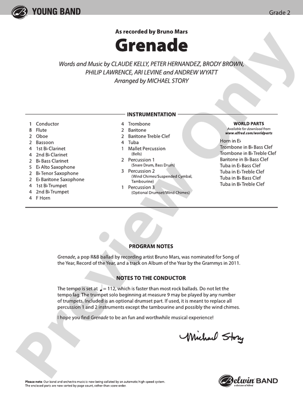 Grenade - Concert Band Conductor Score & Parts (Digital Download)