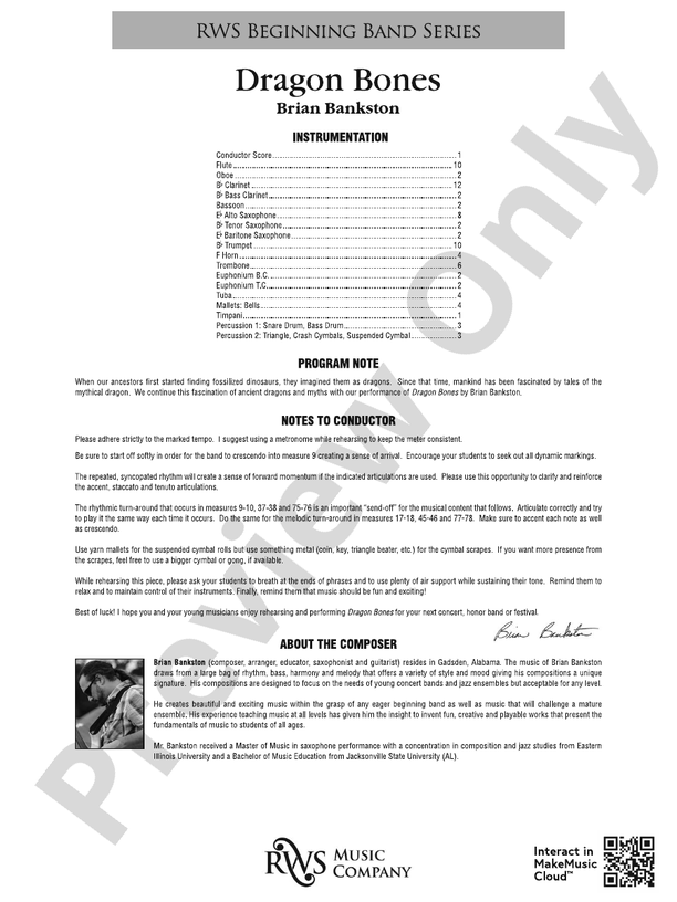 Dragon Bones - Concert Band Conductor Score & Parts (Digital Download)
