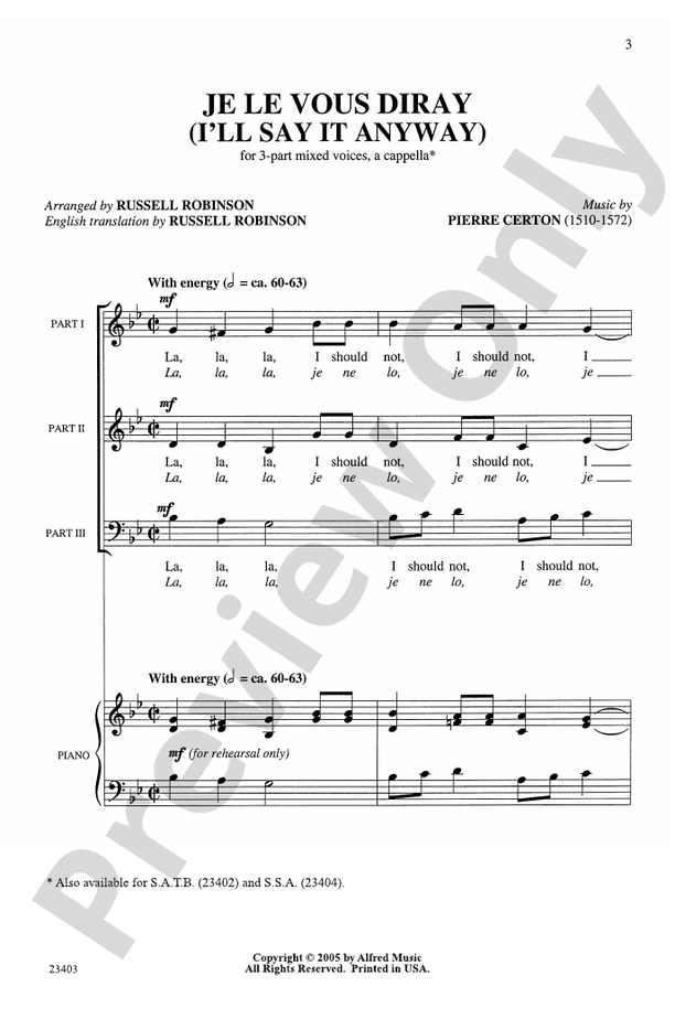 Je le Vous Diray – 3-Part Mixed, a cappella Choral Octavo (Digital Download)
