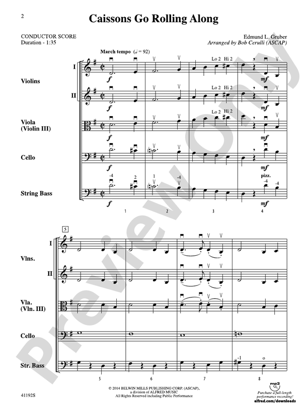 Caissons Go Rolling Along – String Orchestra Conductor Score & Parts (Digital Download)