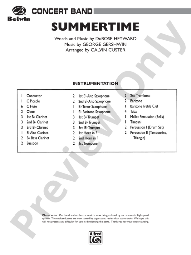 Summertime - Concert Band Conductor Score & Parts (Digital Download)
