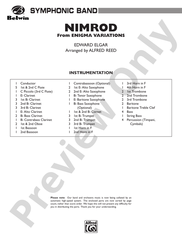 Nimrod (from Elgar's Variations) - Concert Band Conductor Score & Parts (Digital Download)