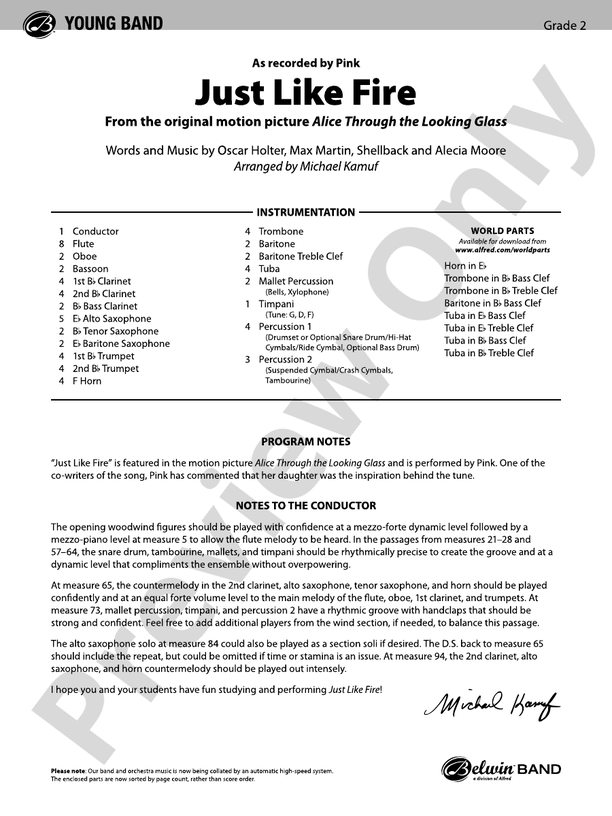 Just Like Fire - Concert Band Conductor Score & Parts (Digital Download)