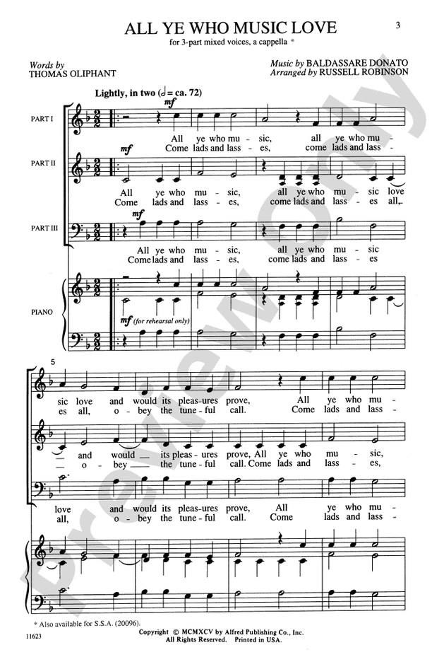 All Ye Who Music Love - 3-Part Mixed, a cappella Choral Octavo (Digital Download)