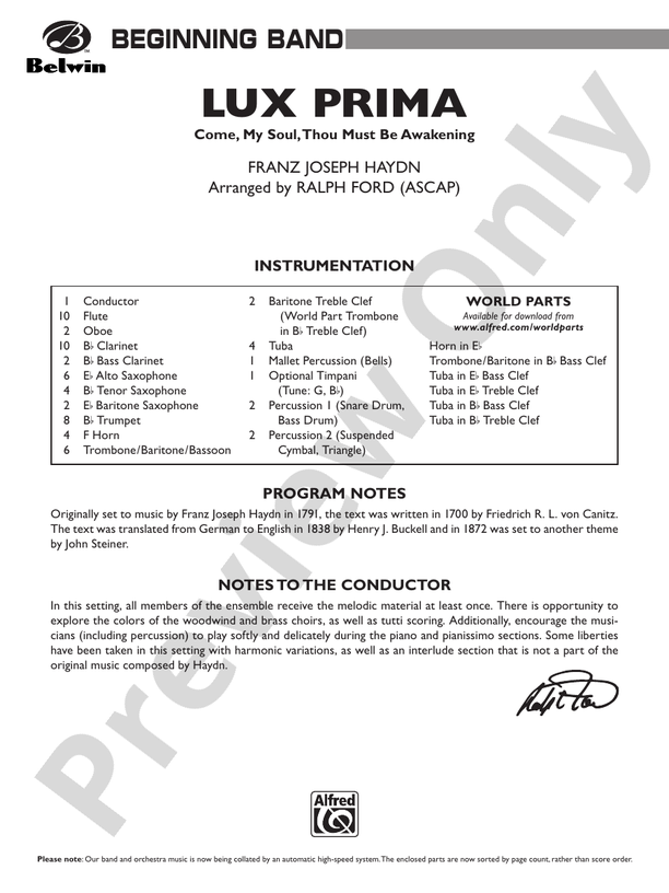 Lux Prima (Come, My Soul, Thou Must Be Awakening) - Concert Band Conductor Score & Parts (Digital Download)