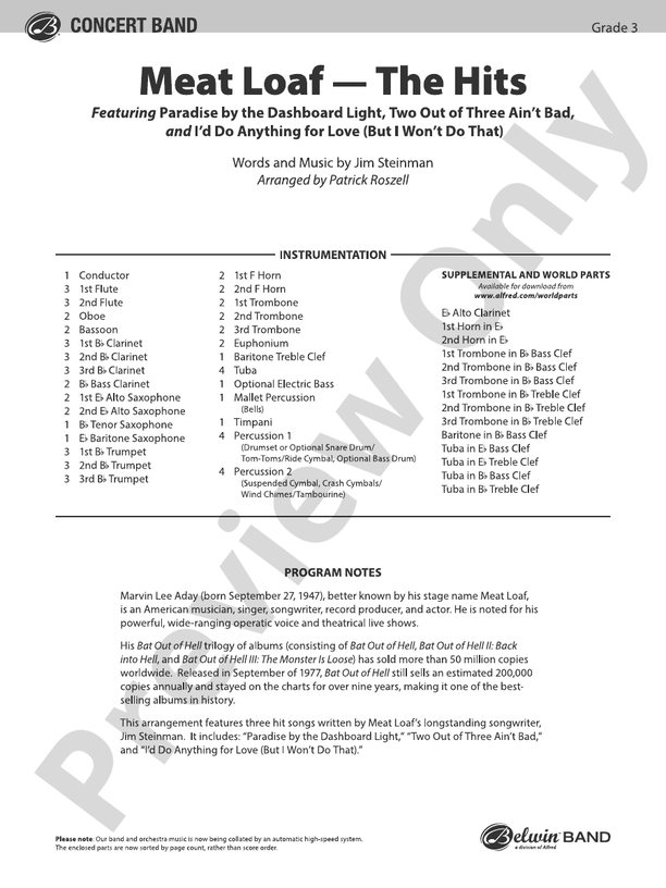 Meat Loaf---The Hits - Concert Band Conductor Score & Parts (Digital Download)
