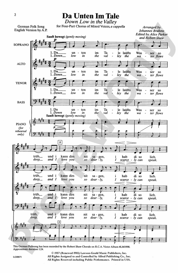 Da Unten Im Tale / In Stiller Nacht (Down Low in the Valley / The Still of Night) – SATB, a cappella Choral Octavo (Digital Download)