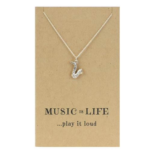Sterling Silver Pendant and Chain.  A Saxophone Pendant with Inlaid Diamantes and a Sterling Silver Chain.