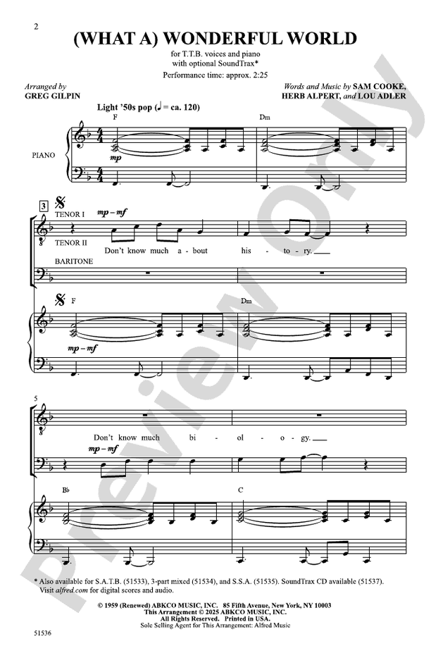 (What a) Wonderful World - TTB Choral Octavo (Digital Download)