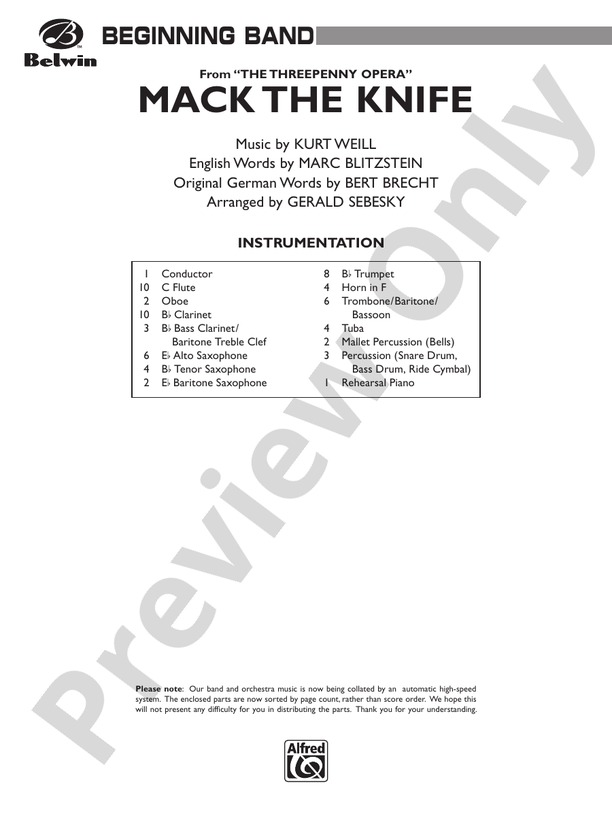 Mack the Knife (from The Threepenny Opera) - Concert Band Conductor Score & Parts (Digital Download)