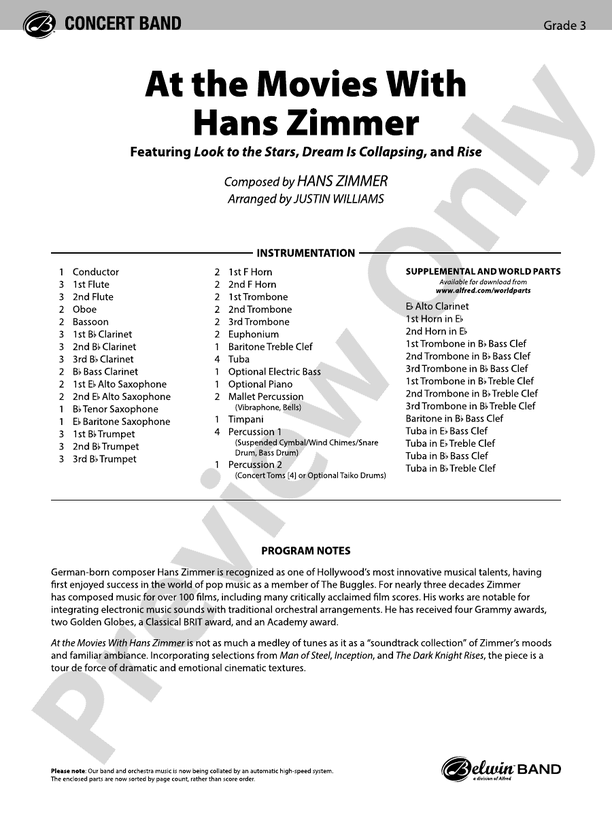 At the Movies with Hans Zimmer - Concert Band Conductor Score & Parts (Digital Download)