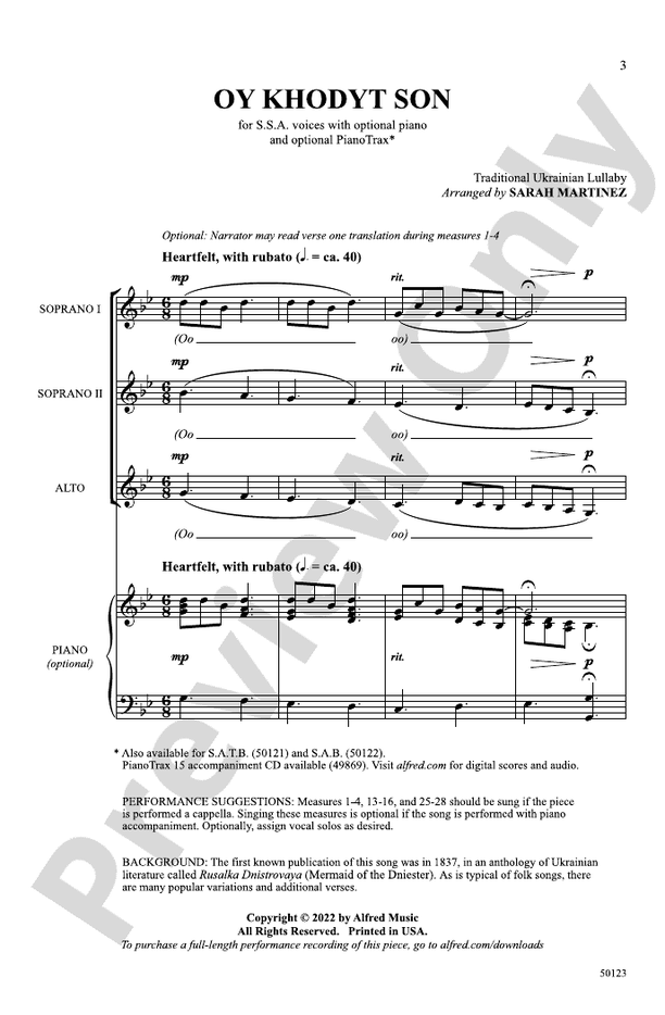 Oy Khodyt Son - SSA, A Cappella Choral Octavo (Digital Download)