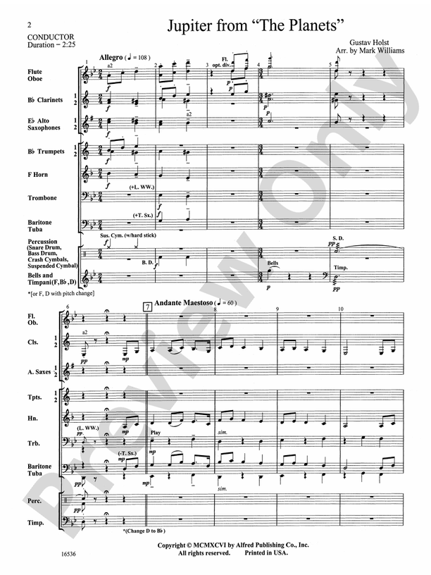 Jupiter from "The Planets" (Grade 1.5) - Concert Band Conductor Score & Parts (Digital Download)