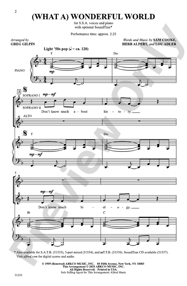 (What a) Wonderful World - SSA Choral Octavo (Digital Download)