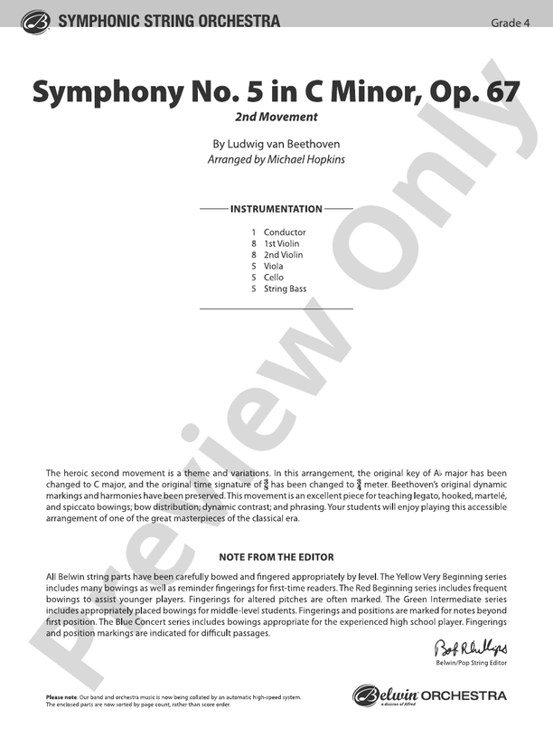 Symphony No. 5 in C Minor, Op. 67 - String Orchestra Conductor Score & Parts (Digital Download)