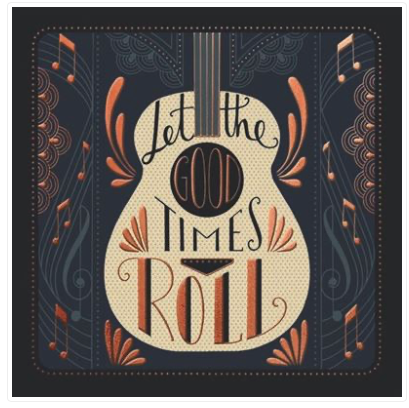 Greeting Card Let the Good Times Roll Guitar with Gold embossed writing.