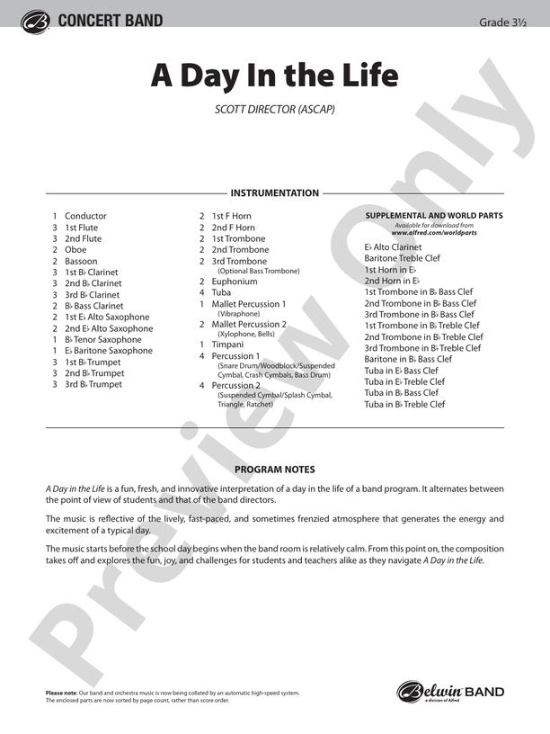 A Day in the Life (Grade 3.5) - Concert Band Conductor Score & Parts (Digital Download)