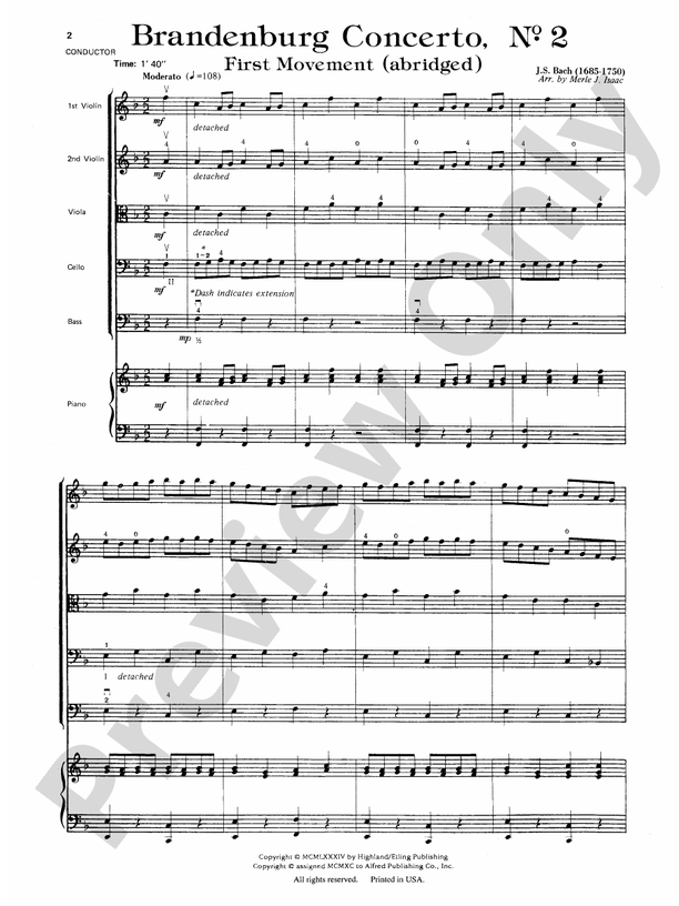 Brandenburg Concerto No. 2 – String Orchestra Conductor Score & Parts (Digital Download)
