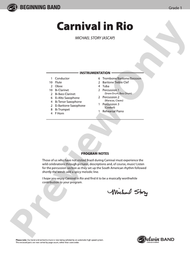 Carnival in Rio - Concert Band Conductor Score & Parts (Digital Download)