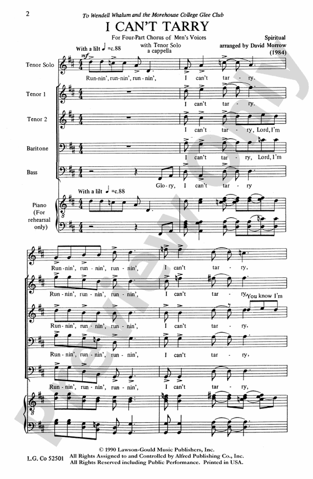 I Can't Tarry – TTBB Choral Octavo - Digital Sheet Music Download (Digital Download)