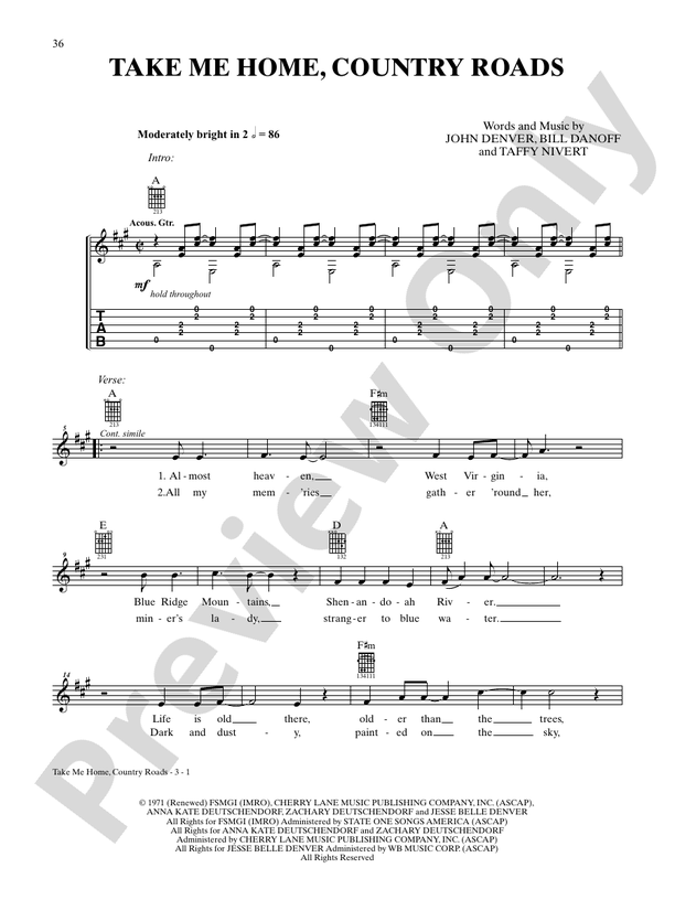 Take Me Home, Country Roads - Interm./Easy Guitar TAB (Digital Download)