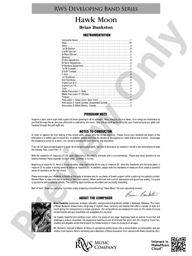 Hawk Moon - Concert Band Conductor Score & Parts (Digital Download)