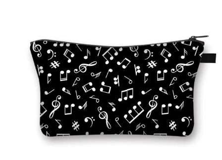 Music Pencil Case or Toiletry Bag Black with White Notes and Clefs