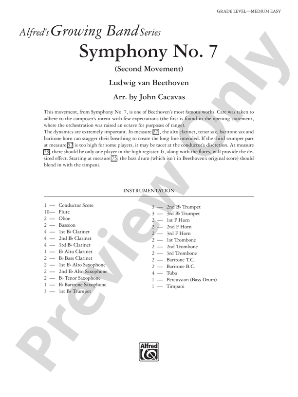 Symphony No. 7 (Second Movement) - Concert Band Conductor Score & Parts (Digital Download)