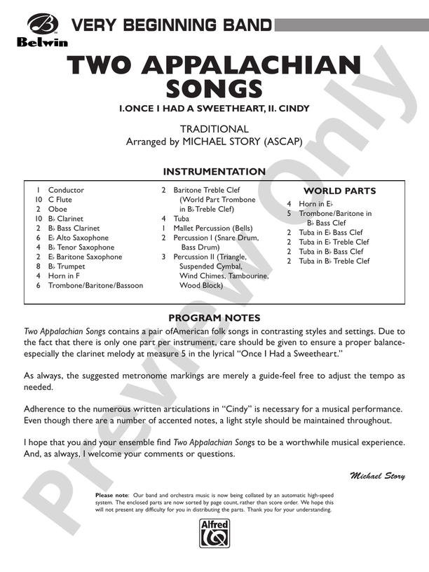 Two Appalachian Songs (I. "Once I Had a Sweetheart," II. "Cindy") - Concert Band Conductor Score & Parts (Digital Download)