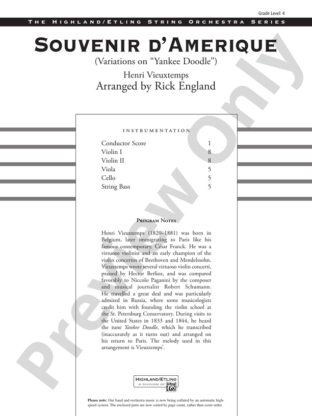 Souvenir d'Amerique – String Orchestra Conductor Score & Parts (Digital Download)