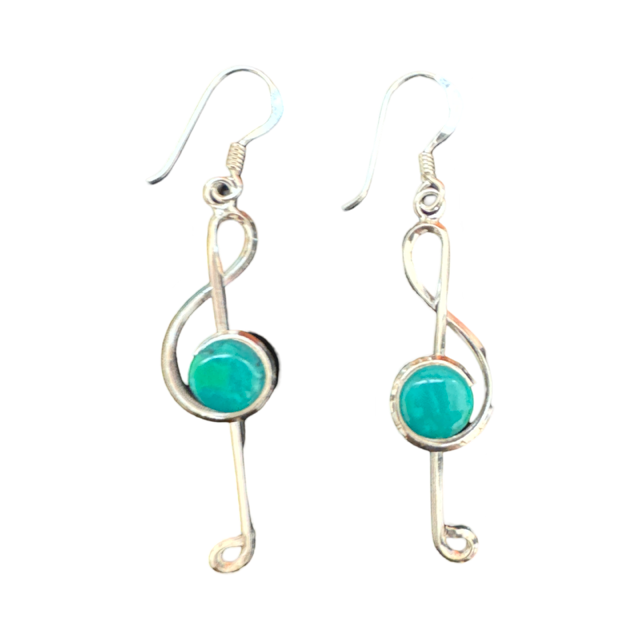 Treble Clef Drop Earrings Sterling Silver with a Malachite Stone
