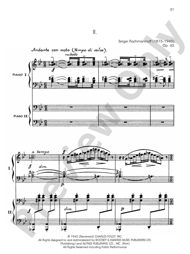 Symphonic Dances, Opus 45 - II. Andante con moto - 2 Pianos, 4 Hands (Digital Download)