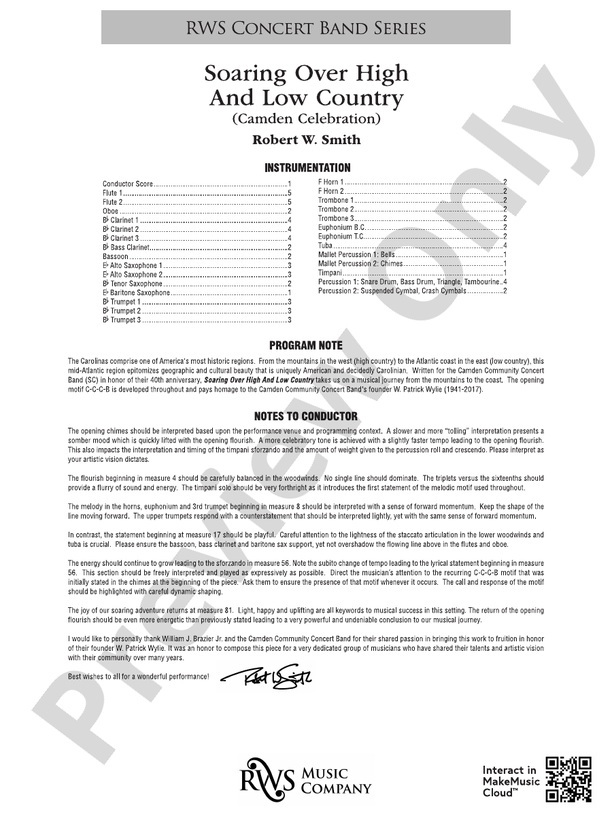 Soaring Over High and Low Country - Camden Celebration - Concert Band Conductor Score & Parts(Digital Download)