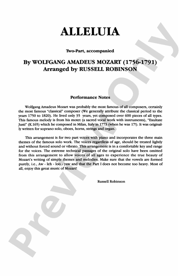 Alleluia - Wolfgang Amadeus Mozart - 2-Part Choral Octavo (Digital Download)